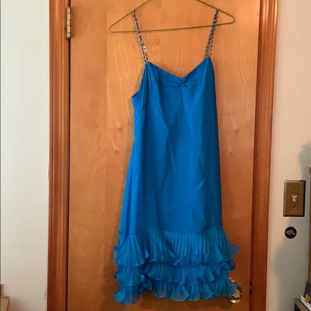 REBECCA TAYLOR SILK DRESS PRETTY BRIGHT BLUE 4 jewel straps ruffle tiered bottom